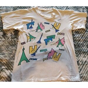 Vintage Paris France Tourist T-shirt with Colorful Graphic Prints Worn Comfy